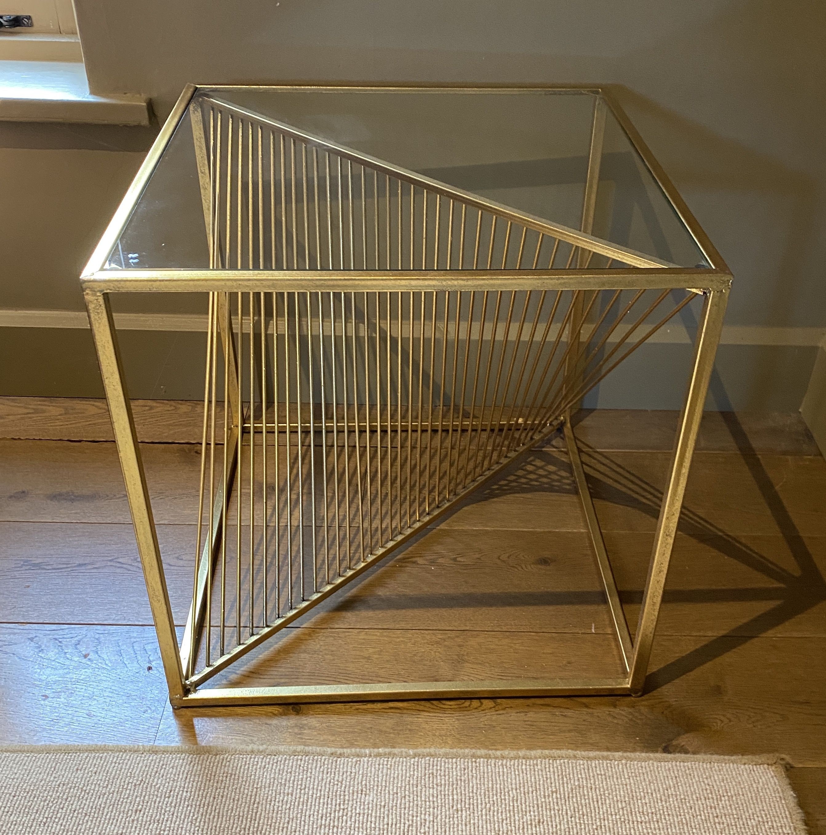A pair of gold painted metal glass top occasional tables, with wirework underframes, width 52cm depth 52cm height 53cm